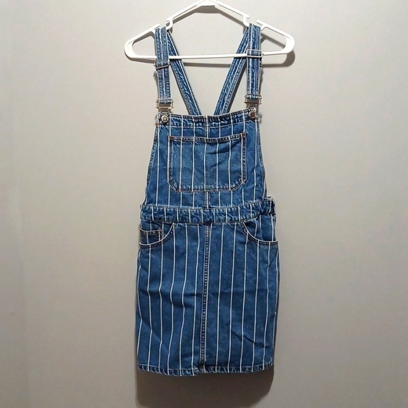 Divided Striped Blue Denim Overall Skirt Women's size 8  80's Utility - Picture 1 of 7